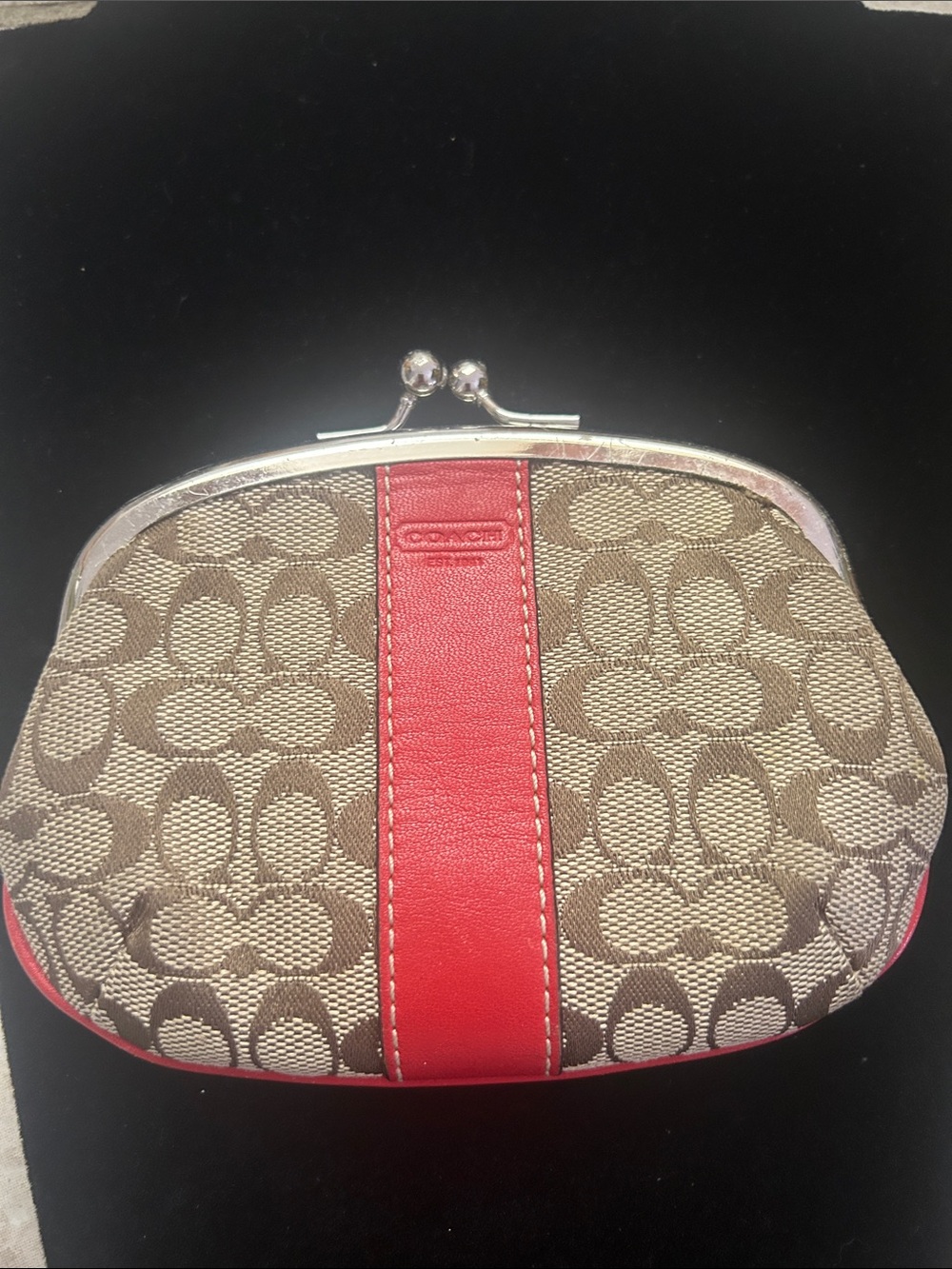 Coach Signature Canvas Coin Pouch in Khaki and Red VGUC